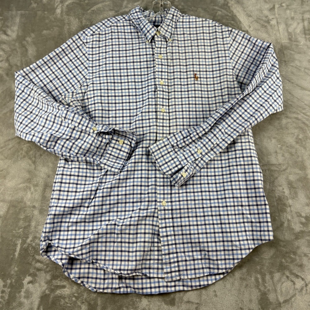 Ralph Lauren Mens Large Blue Gingham Check‎ Button Down Shirt Long Sleeve Pony